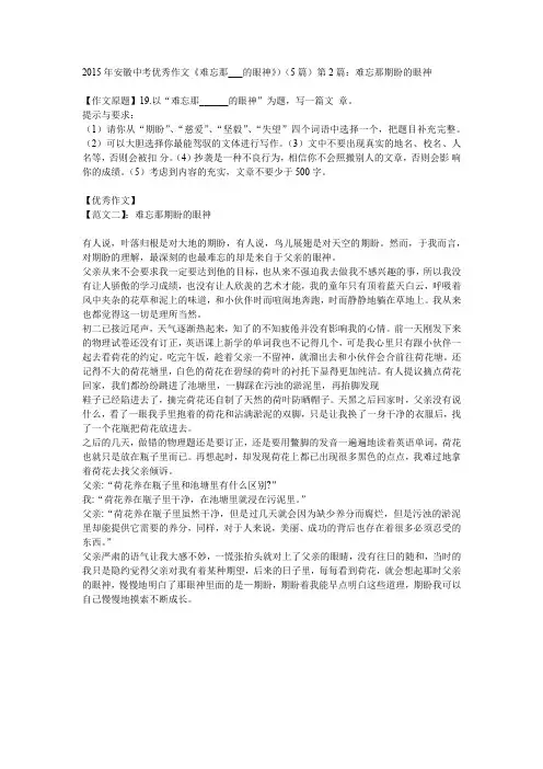2015年安徽中考优秀作文《难忘那___的眼神》)(5篇)第2篇：难忘那期盼的眼神