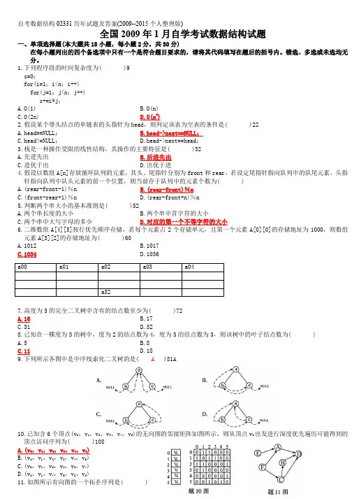 自考数据结构02331历年试题及答案(2009--2018年(缺少2017年))