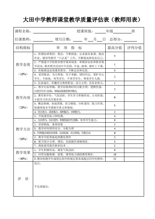 教师课堂教学质量评估表(教师用表)