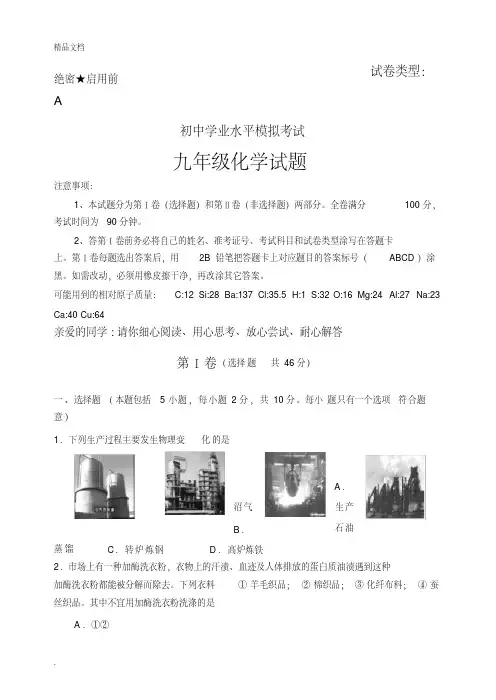 九年级化学中考模拟试题及答案