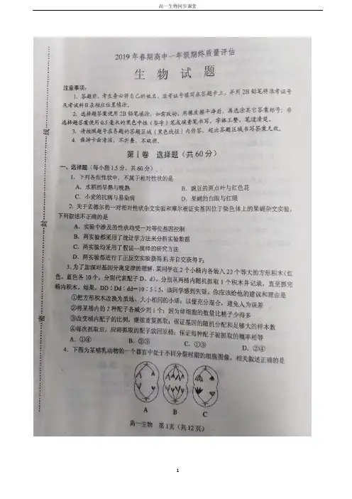 2020学年河南省南阳市高一下学期期末考试生物试题 扫描版