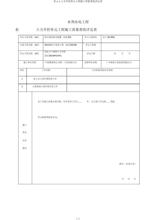 表1.1土方开挖单元工程施工质量验收评定表