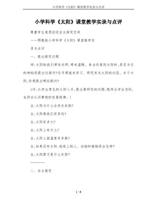 小学科学《太阳》课堂教学实录与点评