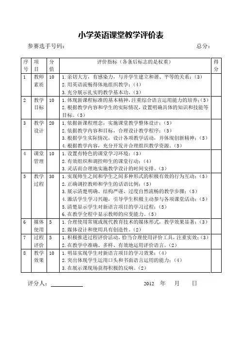 小学英语课堂教学评价表