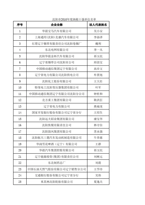 沈阳市2010年度纳税百强