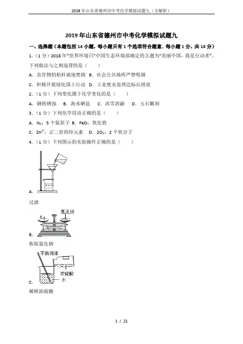 2019年山东省德州市中考化学模拟试题九(含解析)