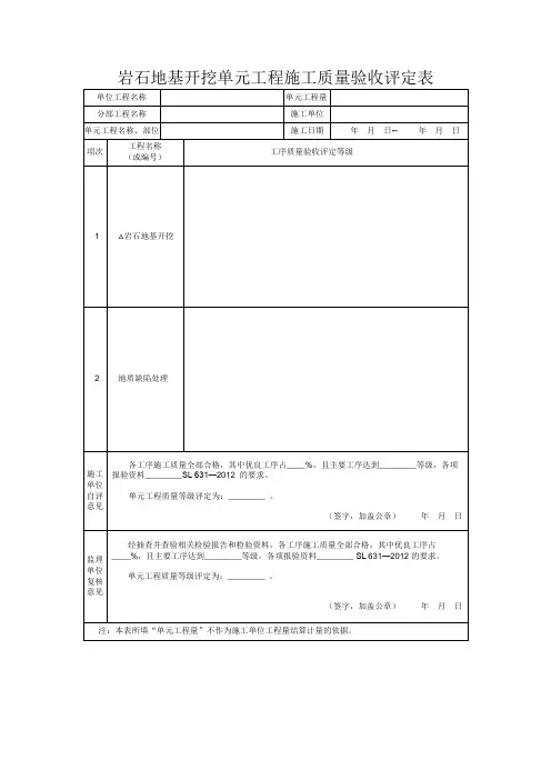 岩石地基开挖单元工程施工质量验收评定表