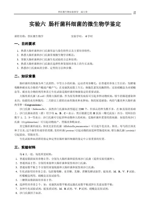 实验六 肠杆菌科细菌的微生物学鉴定