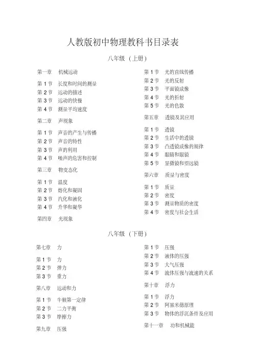 (完整版)人教版初中物理教科书目录表