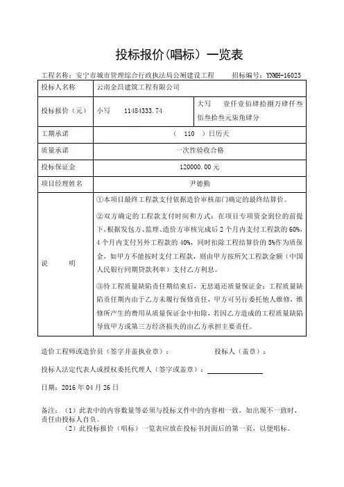 投标报价一览表