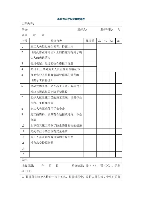 高处作业过程监督检查表