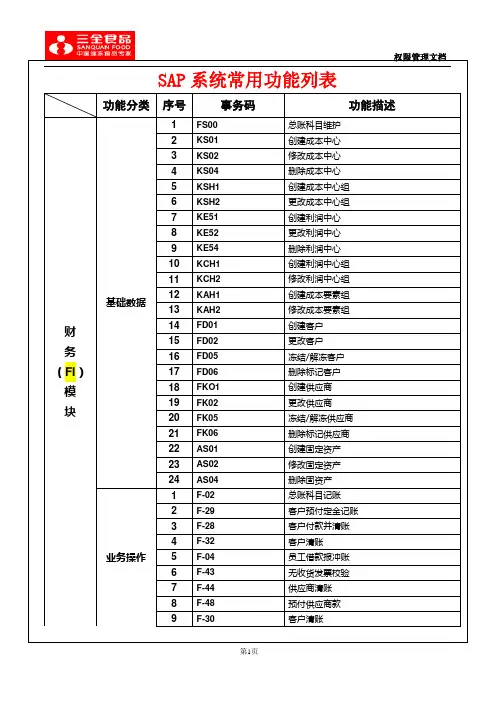SAP系统常用功能列表