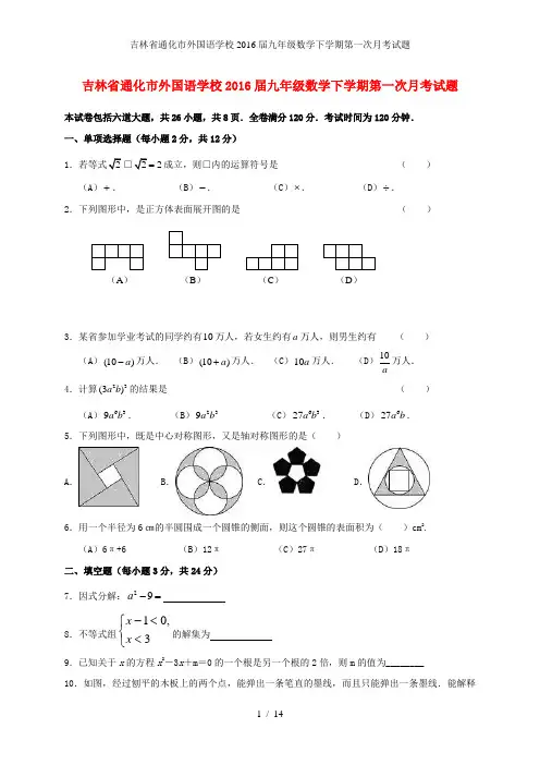 吉林省通化市外国语学校九年级数学下学期第一次月考试题