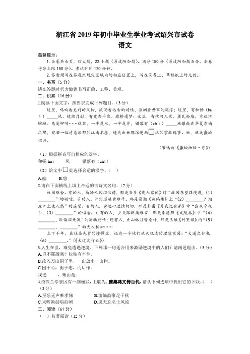 中考真题-2019年浙江省绍兴市中考语文试题(含答案)