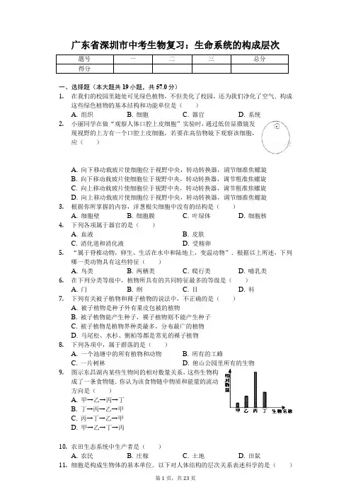 广东省专版 深圳市中考生物复习：生命系统的构成层次