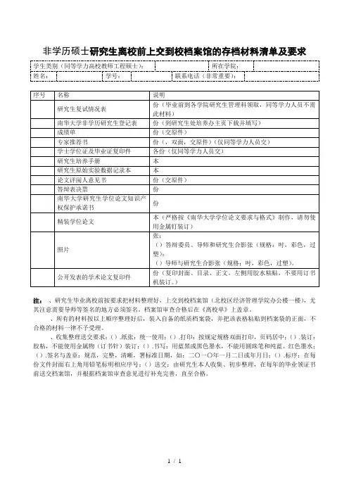 非学历硕士研究生离校前上交到校档案馆的存档材料清单及要求