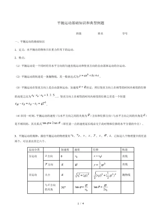 平抛运动基础知识和典型例题