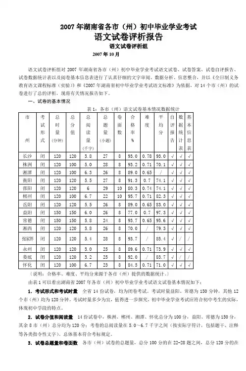 2007年湖南省各市(州)初中毕业学业考试