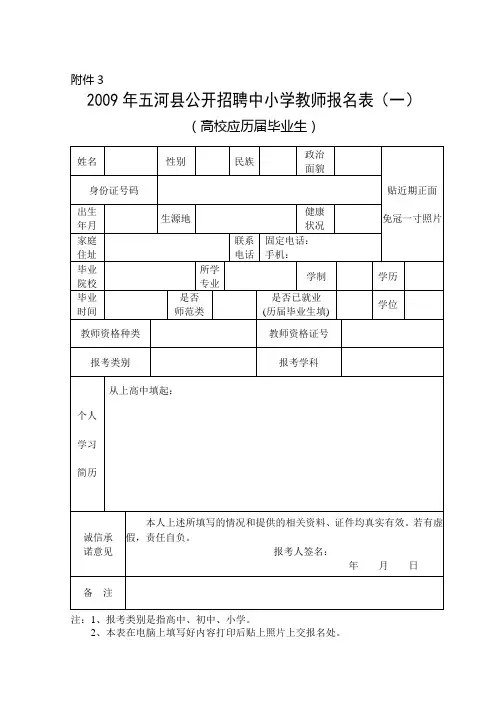 2009年五河县公开招聘中小学教师报名表一二doc