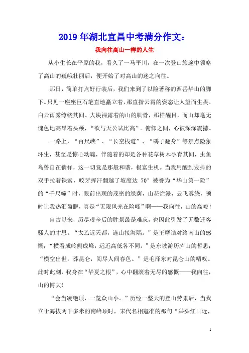 湖北省宜昌市2019年中考语文满分作文：我向往高山一样的人生