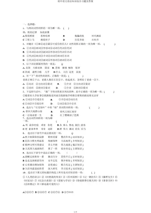 初中语文语法知识综合习题及答案