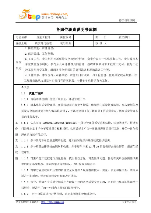 项目质量工程师岗位职责说明书