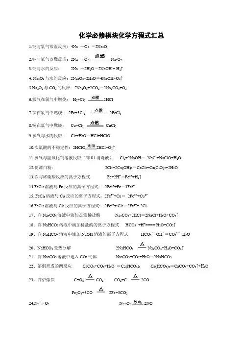 人教版高中必修2化学方程式汇总
