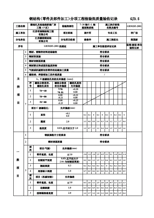 钢结构(零件及部件加工)分项工程检验批质量验收记录