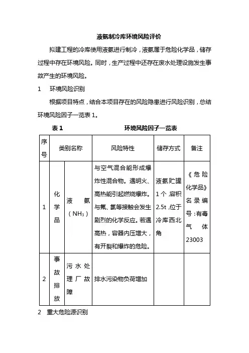 液氨制冷库环境风险评价