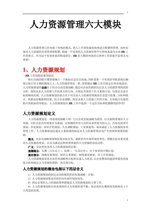 人力资源六大模块(人力资源规划、招聘、培训、绩效、薪酬、劳动关系)