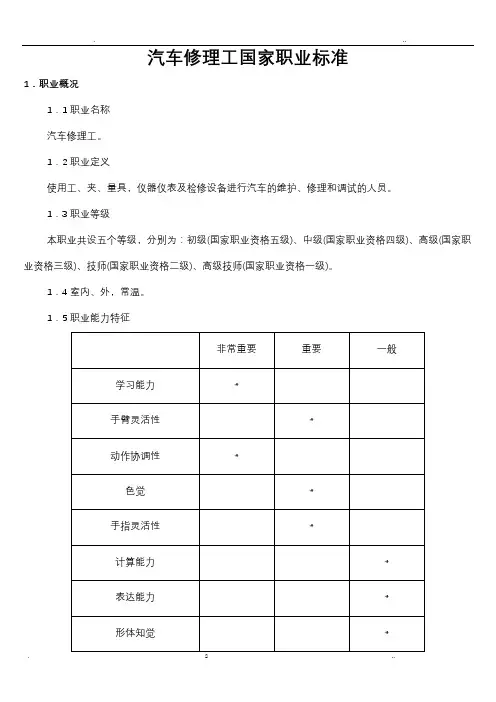 国家职业技能鉴定汽车修理工标准
