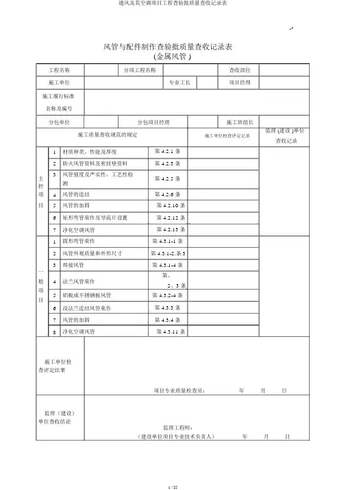 通风及其空调项目工程检验批质量验收记录表