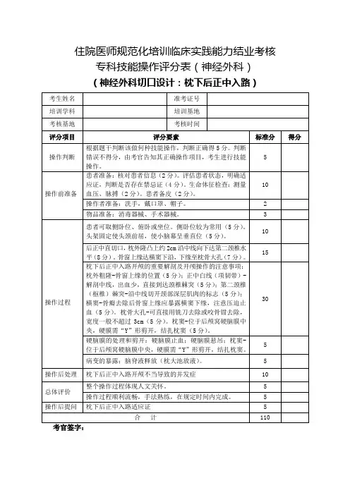 住院医师规范化培训临床实践能力结业考核专科技能操作评分表(神经外科)神经外科切口设计：枕下后正中入路