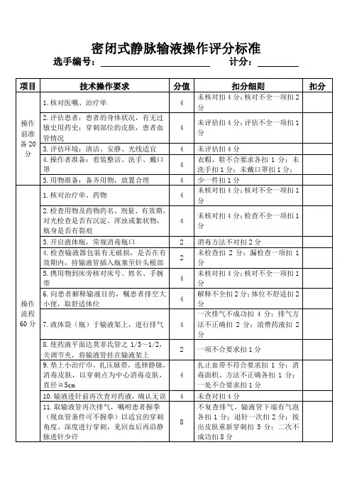 静脉输液评分标准