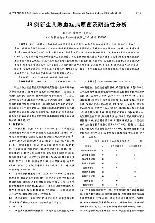 48例新生儿败血症病原菌及耐药性分析