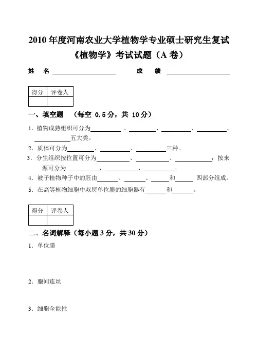 (植物专业研究生)2010年度植物学复试题-A卷