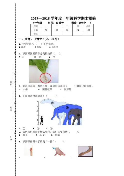 一年级科学试卷