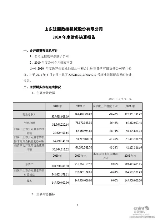 法因数控：2010年度财务决算报告 2011-03-11