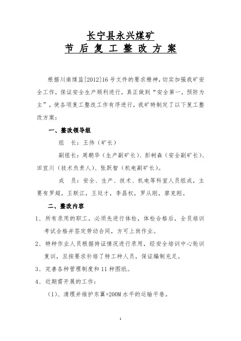 永兴煤矿节后复工整治方案