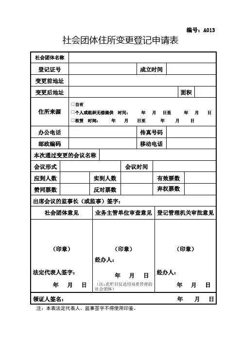 社会团体住所变更登记申请表