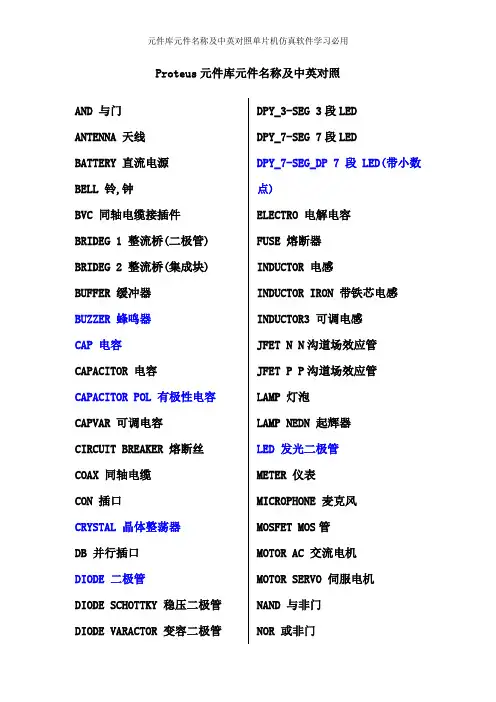 元件库元件名称及中英对照单片机仿真软件学习必用