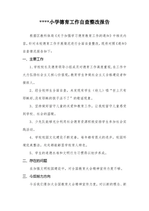 小学德育工作自查整改报告