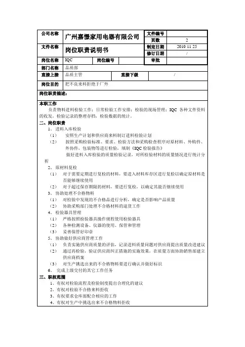 IQC工作职责