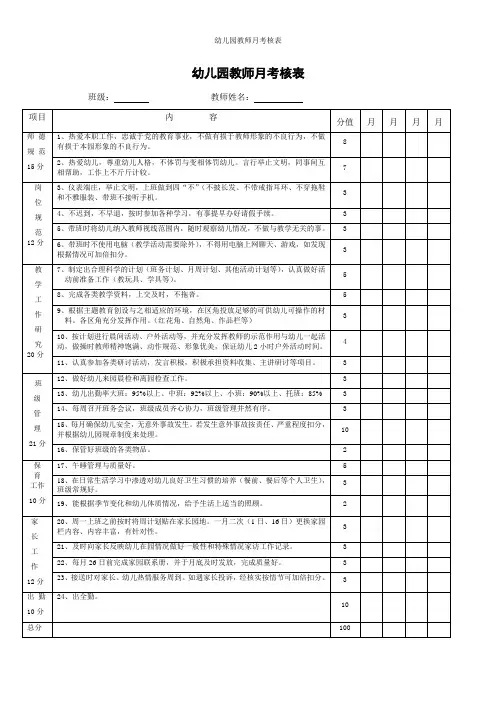 幼儿园教师月考核表