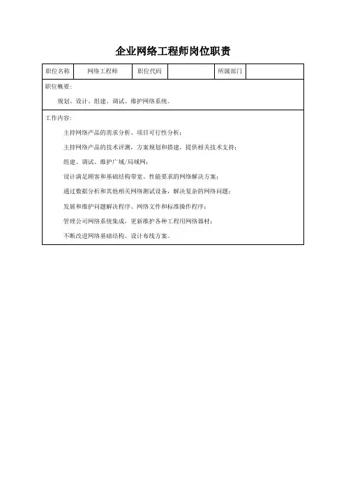 企业网络工程师岗位职责