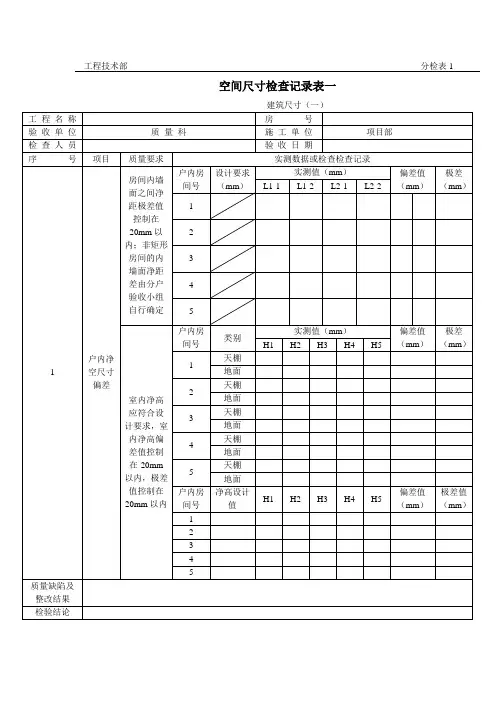 空间尺寸检测表