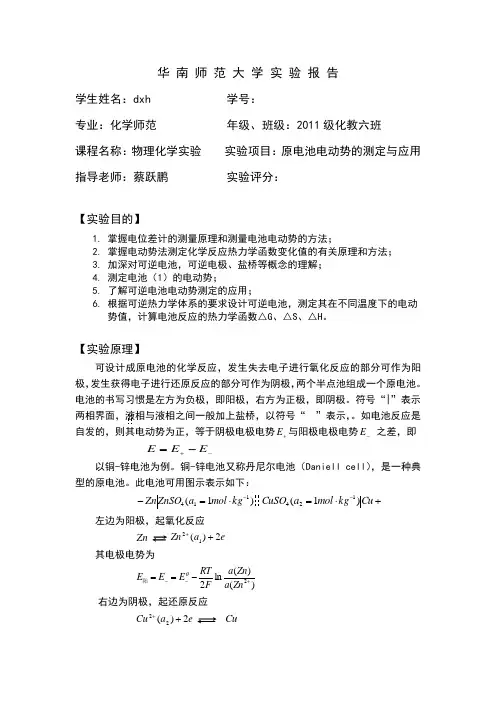 华师物化实验-原电池电动势的测定与应用