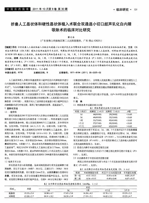 折叠人工晶状体和硬性晶状体植入术联合双通道小切口超声乳化白内障吸除术的临床对比研究