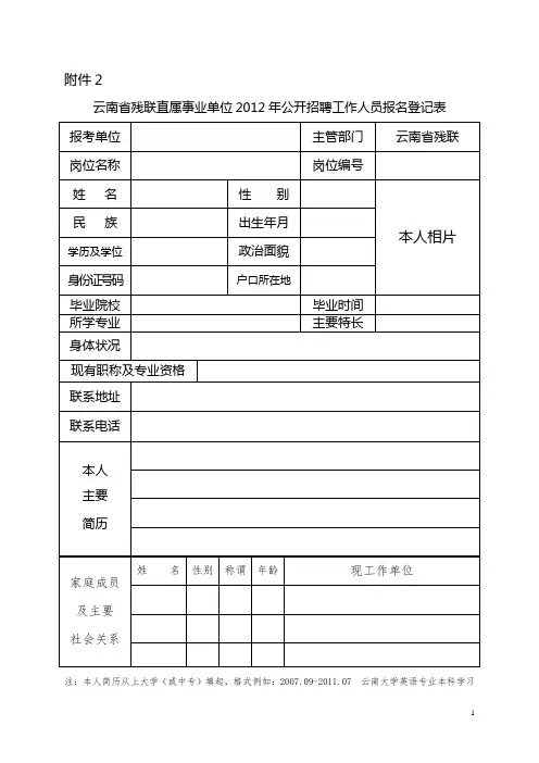 2012年事业单位招聘人员报名登记表