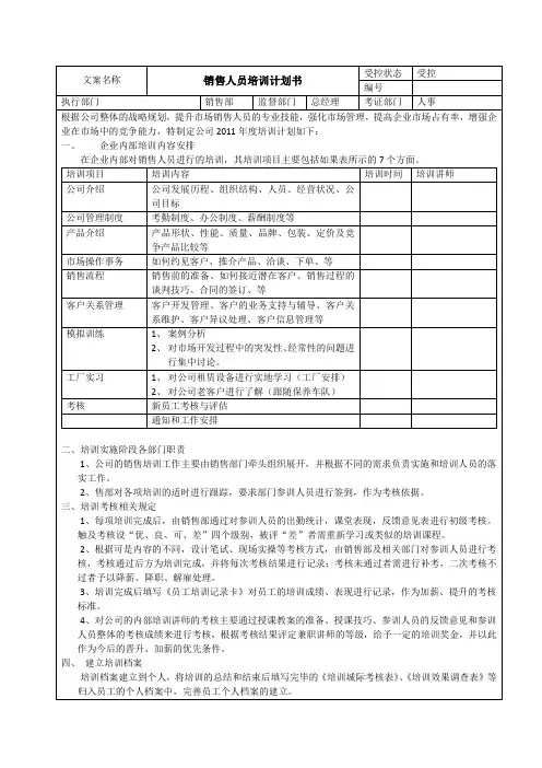 销售人员培训计划